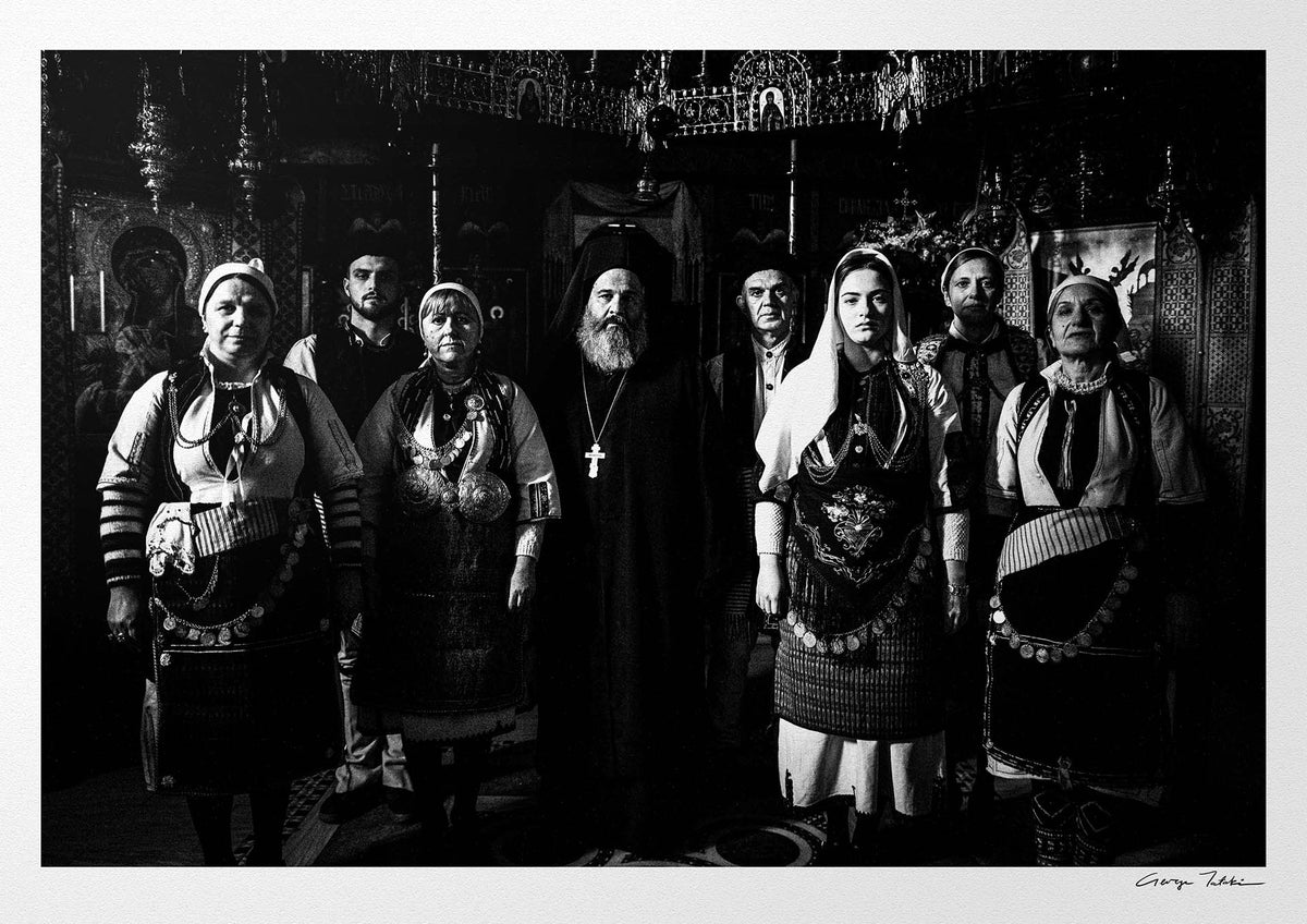 Black and White Photography Wall Art Greece | Costumes of Kladorachi with a local priest Florina W. Macedonia by George Tatakis