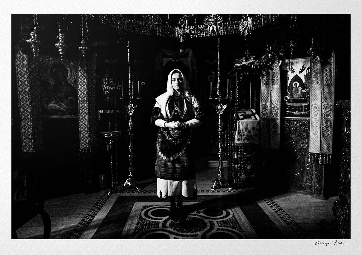 Black and White Photography Wall Art Greece | Costume of Kladorachi at a local church Florina W. Macedonia by George Tatakis